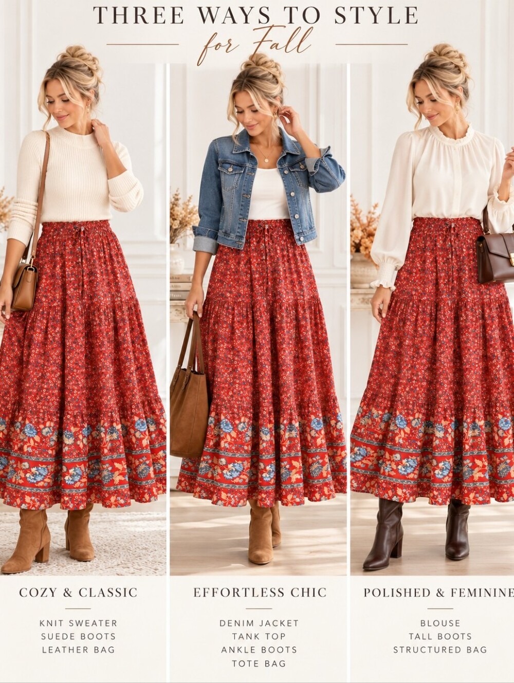 ZESICA NWT Red Floral Border Print Tiered Boho Maxi Skirt | Size XL - Picture 2 of 9